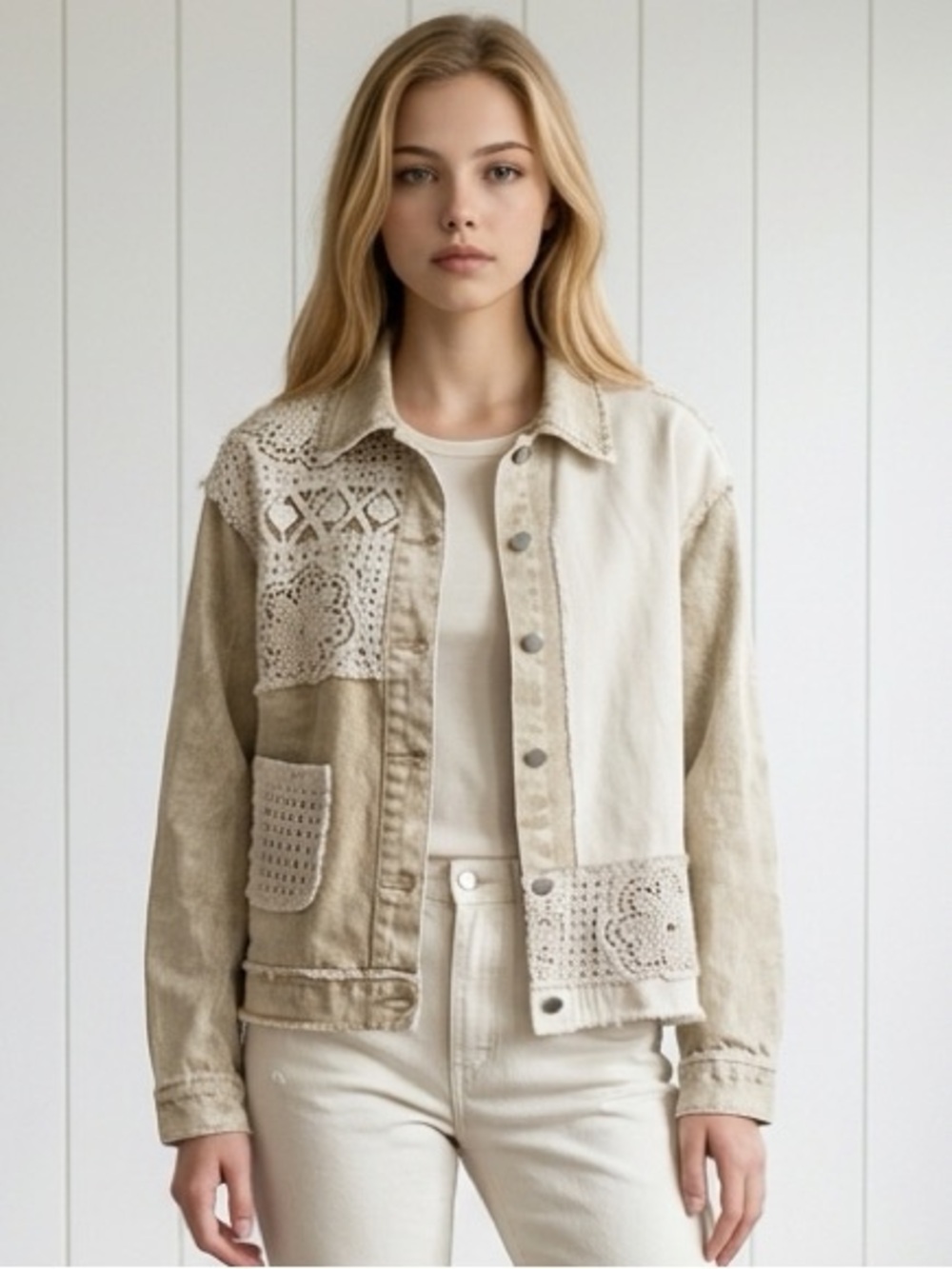NWOT Crochet Patchwork Oversized Jacket - Cream/Beige-Size M
